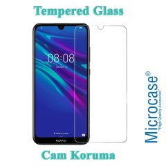 Microcase Huawei Y7 2019 Fabrik Serisi Kumaş ve Deri Desen Kılıf  - Siyah + Tempered Glass Cam Koruma