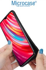 Microcase Huawei Y7 2019 Fabrik Serisi Kumaş ve Deri Desen Kılıf  - Siyah + Tempered Glass Cam Koruma