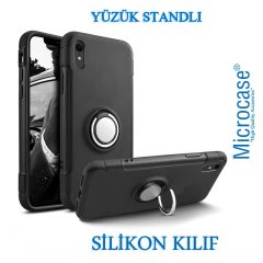 Microcase iPhone XR Yüzük Standlı Armor Silikon Kılıf - Siyah + Tempered Glass Cam Koruma