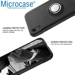 Microcase iPhone XR Yüzük Standlı Armor Silikon Kılıf - Siyah + Tempered Glass Cam Koruma
