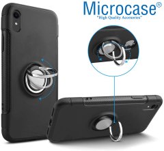 Microcase iPhone XR Yüzük Standlı Armor Silikon Kılıf - Siyah + Tempered Glass Cam Koruma