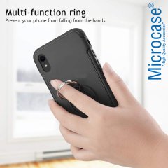 Microcase iPhone XR Yüzük Standlı Armor Silikon Kılıf - Siyah + Tempered Glass Cam Koruma