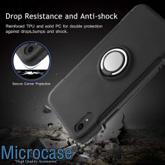 Microcase iPhone XR Yüzük Standlı Armor Silikon Kılıf - Siyah + Tempered Glass Cam Koruma