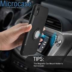 Microcase iPhone XR Yüzük Standlı Armor Silikon Kılıf - Siyah + Tempered Glass Cam Koruma