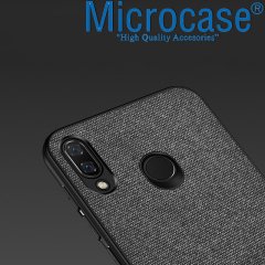 Microcase Huawei Y7 2019 Fabrik Serisi Kumaş ve Deri Desen Kılıf  - Gri + Tempered Glass Cam Koruma