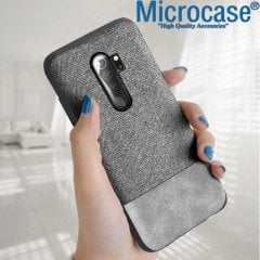 Microcase Xiaomi Redmi 9 Fabrik Serisi Kumaş ve Deri Desen Kılıf - Gri