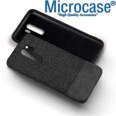 Microcase Xiaomi Redmi 9 Fabrik Serisi Kumaş ve Deri Desen Kılıf  - Siyah + Tempered Glass Cam Koruma