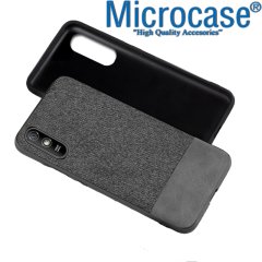Microcase Xiaomi Redmi 9A Fabrik Serisi Kumaş ve Deri Desen Kılıf  - Gri+ Tempered Glass Cam Koruma