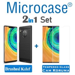 Microcase Huawei Mate 30 Pro Brushed Carbon Fiber Silikon Kılıf - Siyah + Tempered Glass Cam Koruma