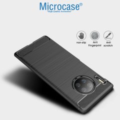 Microcase Huawei Mate 30 Pro Brushed Carbon Fiber Silikon Kılıf - Siyah + Tempered Glass Cam Koruma