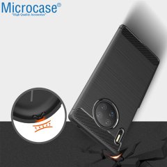 Microcase Huawei Mate 30 Pro Brushed Carbon Fiber Silikon Kılıf - Siyah + Tempered Glass Cam Koruma