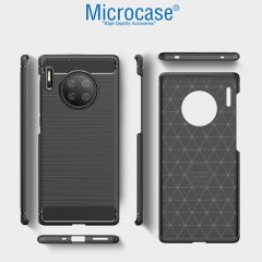 Microcase Huawei Mate 30 Pro Brushed Carbon Fiber Silikon Kılıf - Siyah + Tempered Glass Cam Koruma
