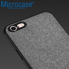 Microcase iPhone 8 Fabrik Serisi Kumaş ve Deri Desen Kılıf - Gri + Tempered Glass Cam Koruma