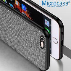 Microcase iPhone 8 Fabrik Serisi Kumaş ve Deri Desen Kılıf - Gri + Tempered Glass Cam Koruma