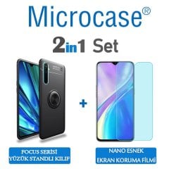 Microcase Realme XT Focus Serisi Yüzük Standlı Silikon Kılıf - Siyah + Nano Esnek Ekran Koruma Filmi