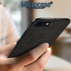 Microcase iPhone 8 Plus Fabrik Serisi Kumaş ve Deri Desen Kılıf - Siyah + Tempered Glass Cam Koruma