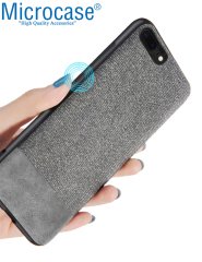 Microcase iPhone 8 Plus Fabrik Serisi Kumaş ve Deri Desen Kılıf - Gri