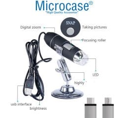Microcase 2in1 Micro Type-c Bağlantılı 1600x Dijital Mikroskop USB HD Cmos 8 Led Digital Microscobe AL4077