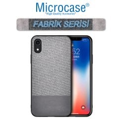 Microcase iPhone XR Fabrik Serisi Kumaş ve Deri Desen Kılıf - Gri + Tempered Glass Cam Koruma