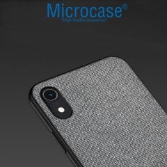 Microcase iPhone XR Fabrik Serisi Kumaş ve Deri Desen Kılıf - Gri + Tempered Glass Cam Koruma