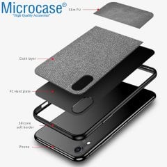 Microcase iPhone XR Fabrik Serisi Kumaş ve Deri Desen Kılıf - Gri + Tempered Glass Cam Koruma