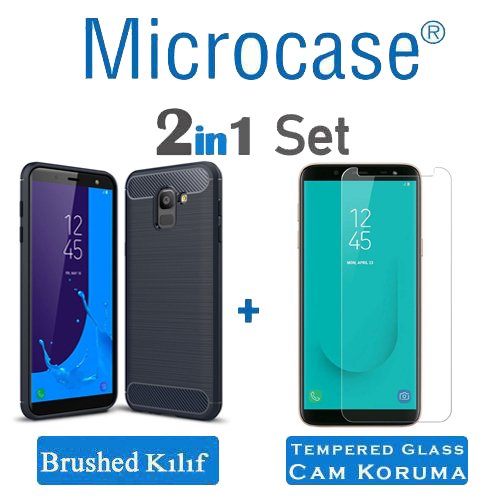 Microcase Samsung J6 Brushed Carbon Fiber Silikon + Ekran Koruma