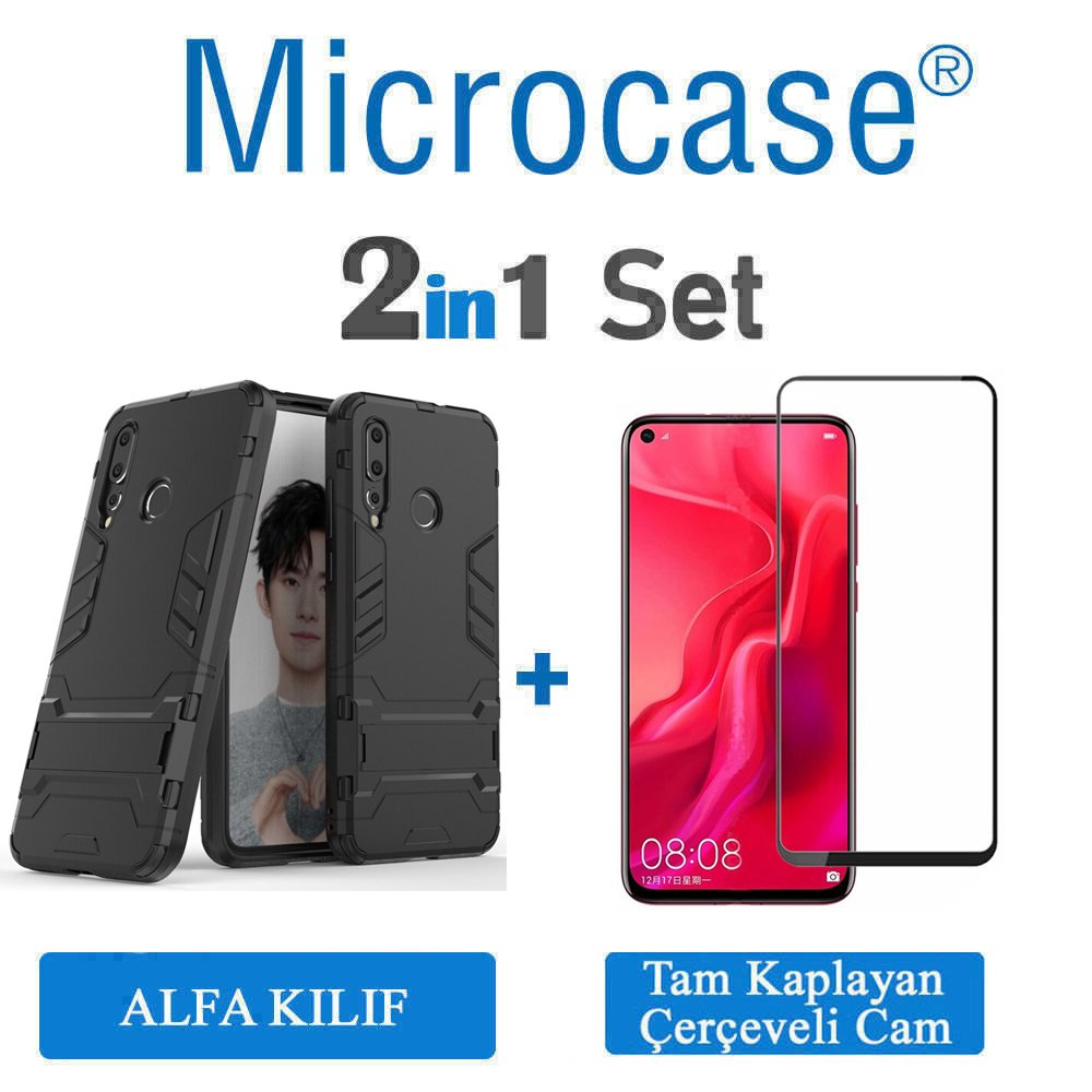Huawei Nova 4 Alfa Armor Standlı Kılıf + Tam Kaplayan Cam