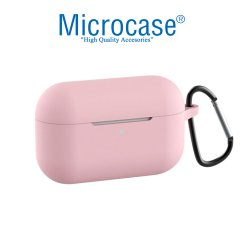 Microcase Airpods Pro Kulaklık ve Şarj Ünitesi için Silikon Kılıf + Çengel- Açık Pembe
