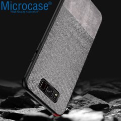 Microcase Samsung Galaxy S8 Fabrik Serisi Kumaş ve Deri Desen Kılıf - Gri