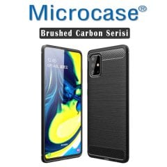 Microcase Samsung Galaxy A71 Brushed Carbon Fiber Silikon Kılıf - Siyah + Tempered Glass Cam Koruma