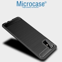 Microcase Samsung Galaxy A71 Brushed Carbon Fiber Silikon Kılıf - Siyah + Tempered Glass Cam Koruma
