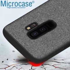 Microcase Samsung Galaxy S9 Plus Fabrik Serisi Kumaş ve Deri Desen Kılıf - Gri