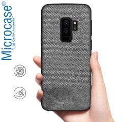 Microcase Samsung Galaxy S9 Plus Fabrik Serisi Kumaş ve Deri Desen Kılıf - Gri