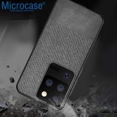 Microcase Samsung Galaxy S20 Ultra Fabrik Serisi Kumaş ve Deri Desen Kılıf - Gri