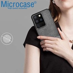 Microcase Samsung Galaxy S20 Ultra Fabrik Serisi Kumaş ve Deri Desen Kılıf - Gri