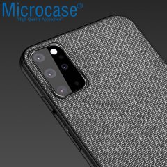 Microcase Samsung Galaxy S20 Plus Fabrik Serisi Kumaş ve Deri Desen Kılıf - Gri