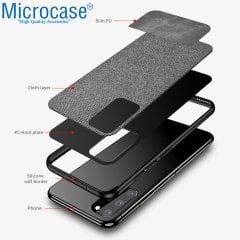 Microcase Samsung Galaxy S20 Plus Fabrik Serisi Kumaş ve Deri Desen Kılıf - Gri