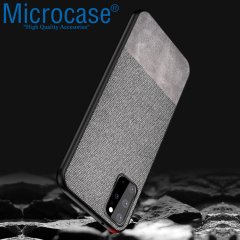 Microcase Samsung Galaxy S20 Plus Fabrik Serisi Kumaş ve Deri Desen Kılıf - Gri