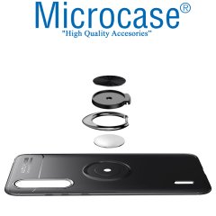 Microcase Xiaomi Mi 9 Lite Focus Serisi Yüzük Standlı Silikon Kılıf - Siyah + Tempered Glass Cam Koruma
