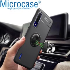 Microcase Xiaomi Mi 9 Lite Focus Serisi Yüzük Standlı Silikon Kılıf - Siyah + Tempered Glass Cam Koruma