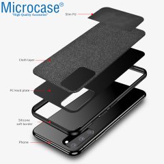 Microcase Samsung Galaxy S20 Fabrik Serisi Kumaş ve Deri Desen Kılıf - Siyah