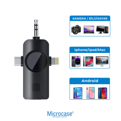 Microcase F11-2 Profesyonel 2'li Kablosuz Yaka Mikrofonu 3in1 Type-C Lightning 3.5mm Jack Kamera Telefon Bilgisayar Uyumlu Yayıncı Mikrofonu AL5770