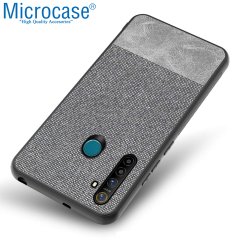 Microcase Realme 5 Pro Fabrik Serisi Kumaş ve Deri Desen Kılıf - Gri