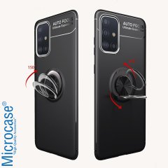 Microcase Samsung Galaxy A51 Focus Serisi Yüzük Standlı Silikon Kılıf - Siyah + Tempered Glass Cam Koruma