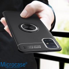 Microcase Samsung Galaxy A51 Focus Serisi Yüzük Standlı Silikon Kılıf - Siyah + Tempered Glass Cam Koruma