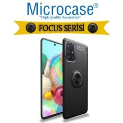 Microcase Samsung Galaxy A71 Focus Serisi Yüzük Standlı Silikon Kılıf - Siyah + Tempered Glass Cam Koruma