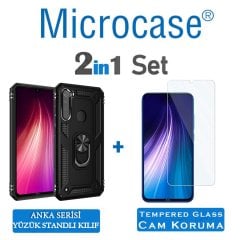 Microcase Xiaomi Redmi Note 8 Anka Serisi Yüzük Standlı Armor Kılıf - Siyah + Tempered Glass Cam Koruma