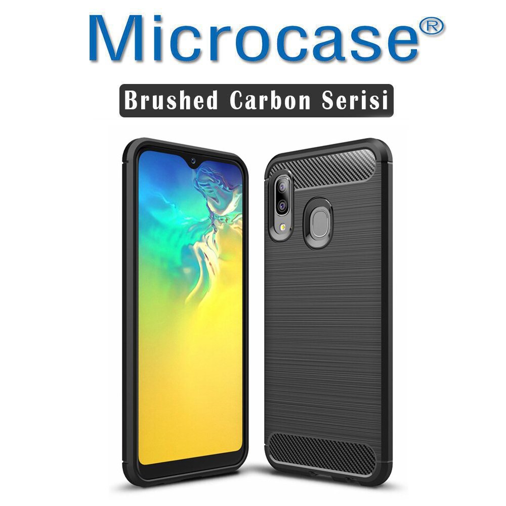 Microcase Samsung Galaxy A20e Brushed Carbon Fiber Silikon Kılıf - Siyah + Tempered Glass Cam Koruma Tempered Glass İstemiyorum