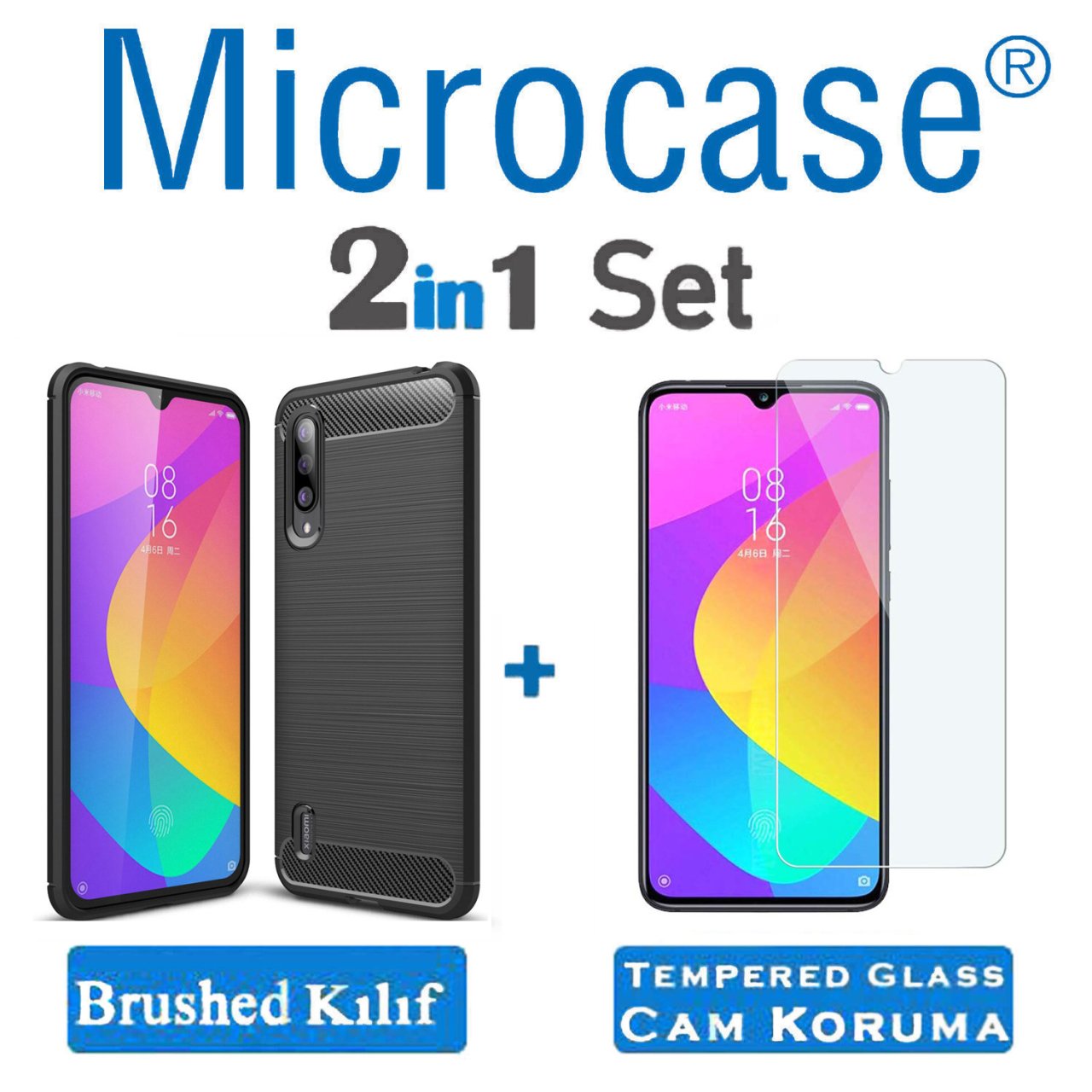 Microcase Xiaomi Mi CC9e Brushed Carbon Fiber Silikon Kılıf + Tempered Glass Cam Koruma