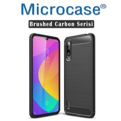 Microcase Xiaomi Mi CC9e Brushed Carbon Fiber Silikon Kılıf + Tempered Glass Cam Koruma